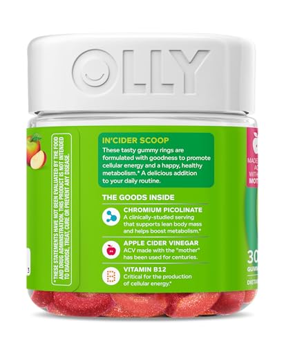 OLLY Metabolism Gummy Rings, Apple Cider Vinegar, Vitamin B12, Chromium, Energy and Digestive Health, Chewable Supplement, Apple Flavor - 30 Count