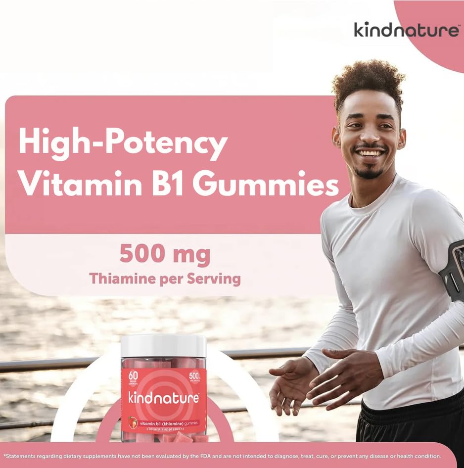 kindnature Vitamin B1 Gummies 500mg – High Potency Thiamine Supplement for Energy, Focus & Nervous System – Vegan, Non-GMO Chewable B1 Vitamins for Adults & Kids – Natural Strawberry Flavor – 60 Ct