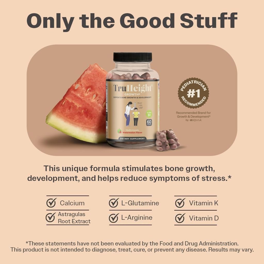 TruHeight Growth Gummies (Watermelon) Natural Growth & Development Supplement for Kids & Teens - Vitamin D, K, Calcium & Ashwaganda - Bone Strength Vitamins - Picky Eater Vitamin for Kids - Ages 5+