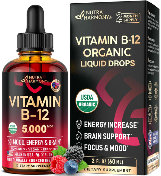 USDA Organic Vitamin B12 Sublingual Drops - 5000 mcg Liquid Vegan Methylcobalamin for Women & Men - Energy Boost, Focus & Mood, Brain Health Support - Maximize Absorption - 2 Month Supply, 2 fl oz