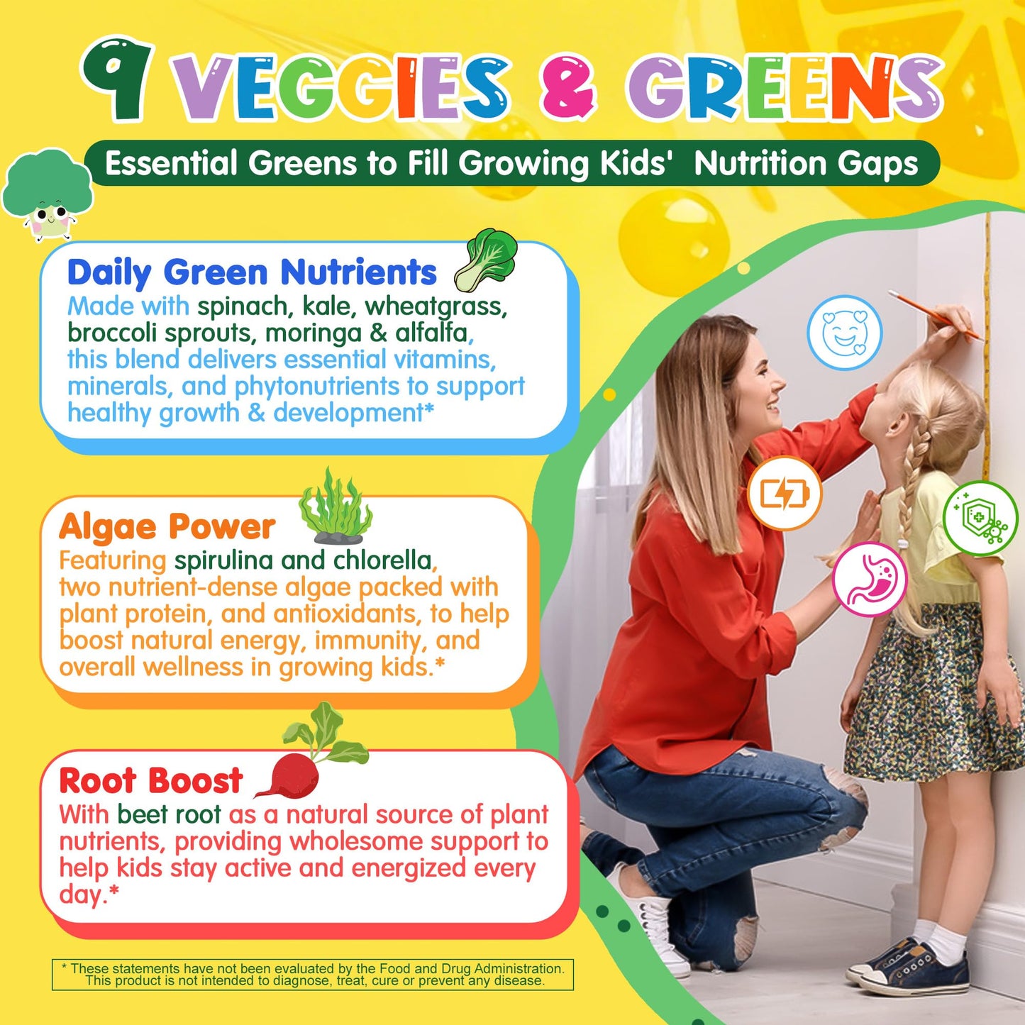 Super Greens Gummies for Kids, 20+ Fruits and Veggies Supplement w/Spirulina, Spinach, Pomegranate, Vitamins, Probiotic, Shiitake for Immunity, Gut Health, Superfood Gummies, Sugar Free, 2 Pack