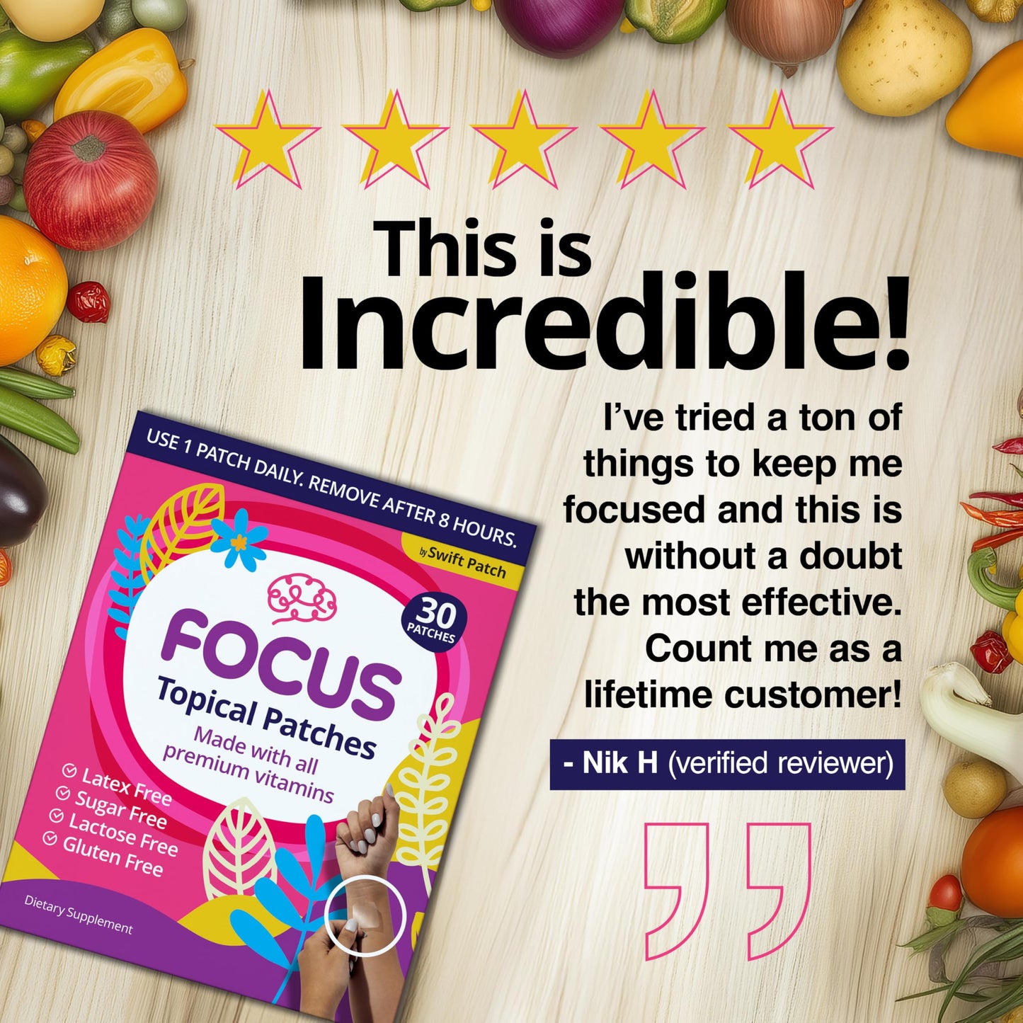 Swift Patch Focus Patch for Adults (30 Day Supply) + Proprietary Blend (Men and Women) - Help Kids and Adults Focus with Patches 22 Ingredients with Proprietary Formula