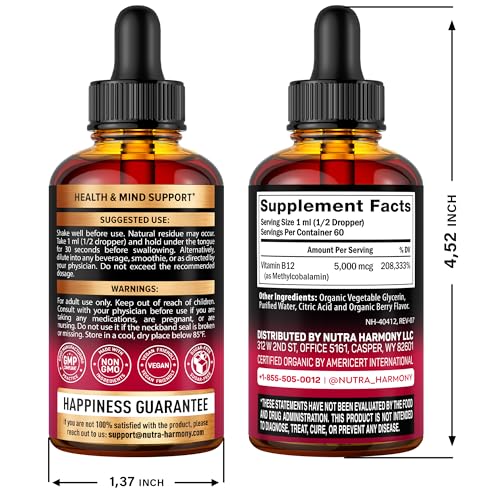USDA Organic Vitamin B12 Sublingual Drops - 5000 mcg Liquid Vegan Methylcobalamin for Women & Men - Energy Boost, Focus & Mood, Brain Health Support - Maximize Absorption - 2 Month Supply, 2 fl oz