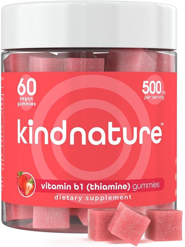 kindnature Vitamin B1 Gummies 500mg – High Potency Thiamine Supplement for Energy, Focus & Nervous System – Vegan, Non-GMO Chewable B1 Vitamins for Adults & Kids – Natural Strawberry Flavor – 60 Ct