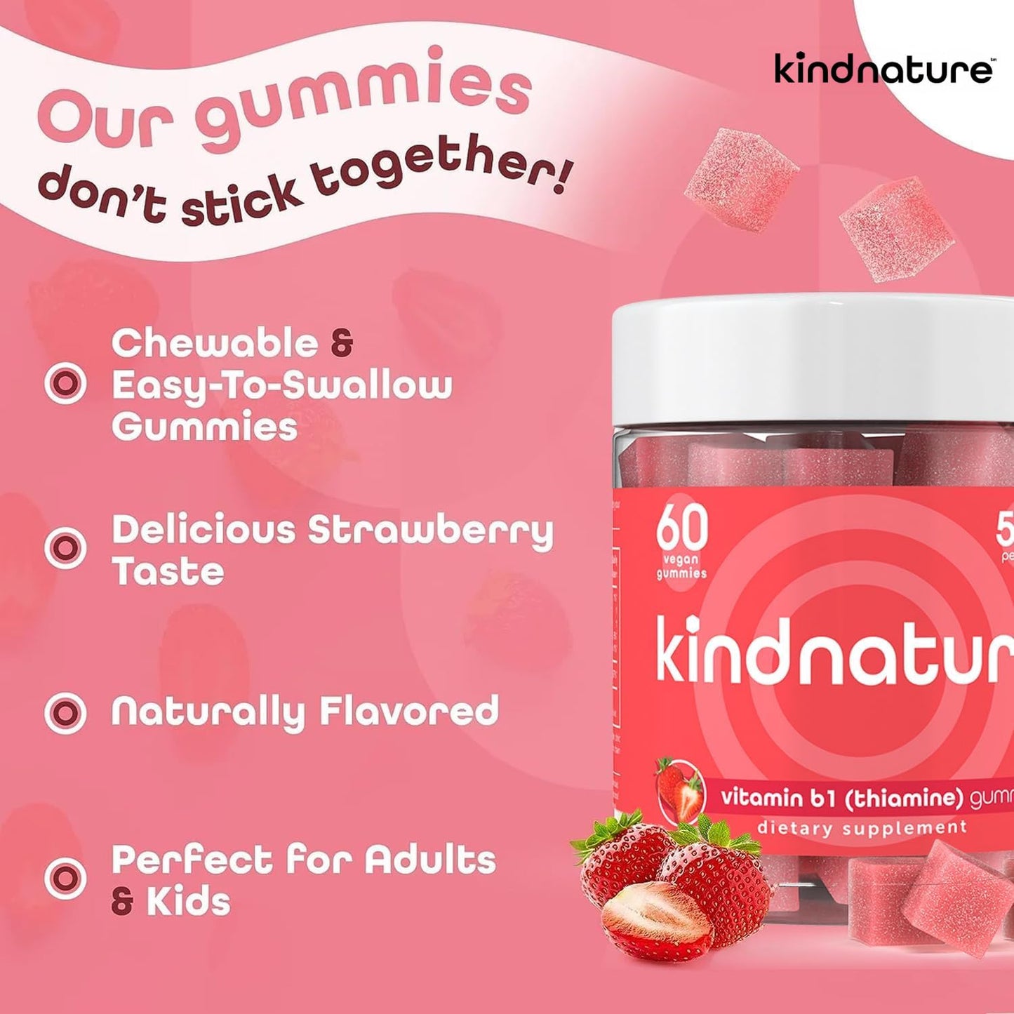 kindnature Vitamin B1 Gummies 500mg – High Potency Thiamine Supplement for Energy, Focus & Nervous System – Vegan, Non-GMO Chewable B1 Vitamins for Adults & Kids – Natural Strawberry Flavor – 60 Ct