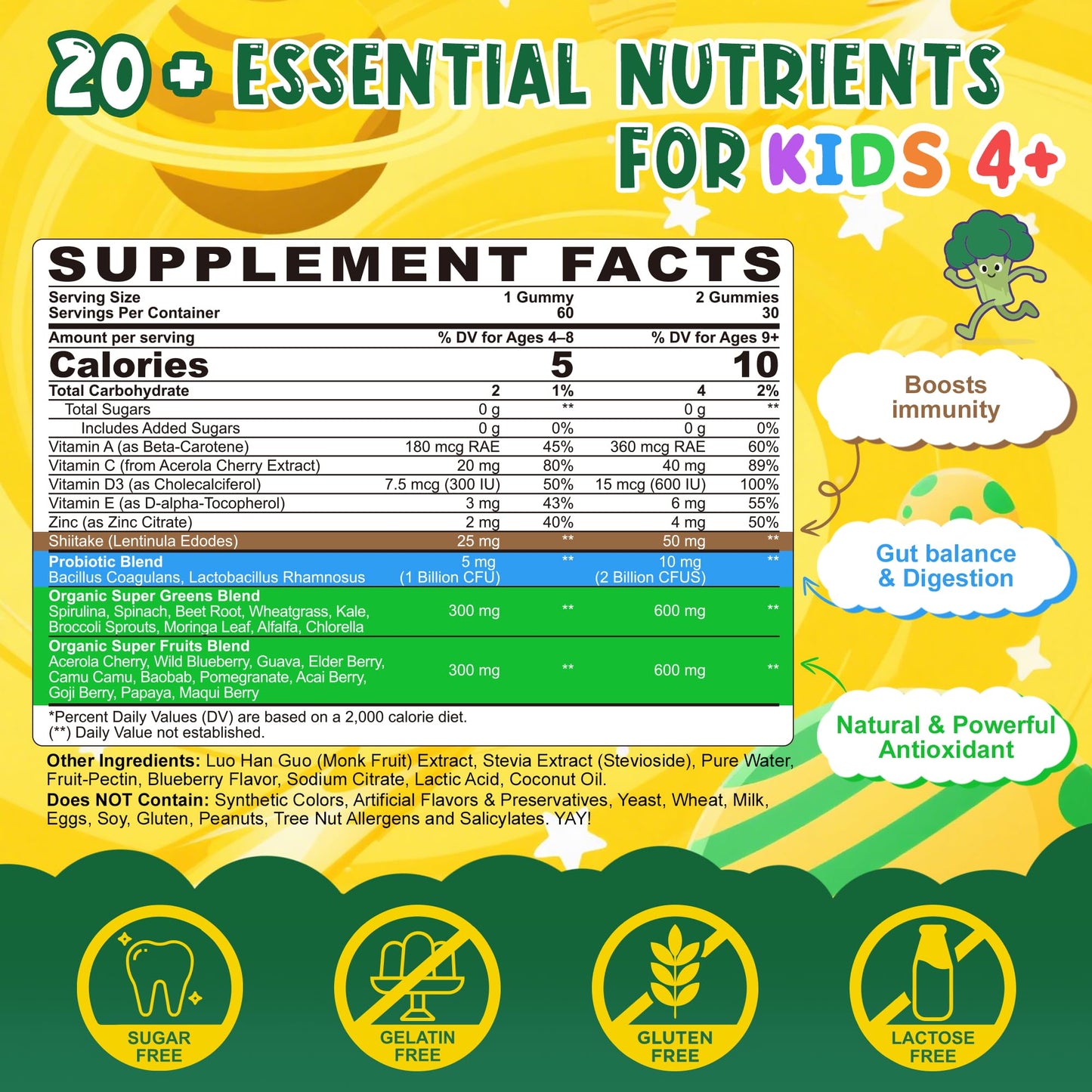 Super Greens Gummies for Kids, 20+ Fruits and Veggies Supplement w/Spirulina, Spinach, Pomegranate, Vitamins, Probiotic, Shiitake for Immunity, Gut Health, Superfood Gummies, Sugar Free, 2 Pack