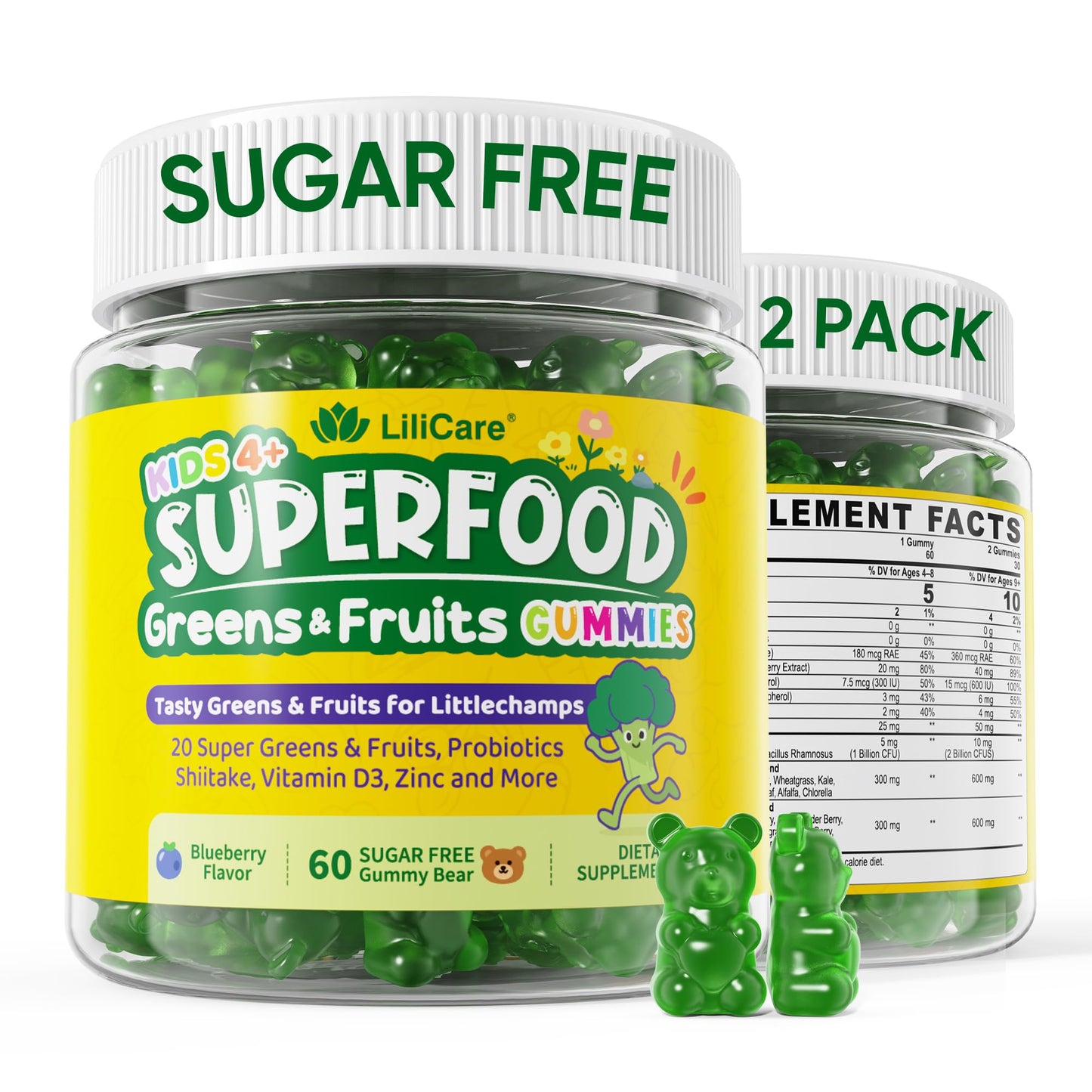 Super Greens Gummies for Kids, 20+ Fruits and Veggies Supplement w/Spirulina, Spinach, Pomegranate, Vitamins, Probiotic, Shiitake for Immunity, Gut Health, Superfood Gummies, Sugar Free, 2 Pack