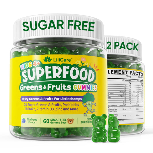 Super Greens Gummies for Kids, 20+ Fruits and Veggies Supplement w/Spirulina, Spinach, Pomegranate, Vitamins, Probiotic, Shiitake for Immunity, Gut Health, Superfood Gummies, Sugar Free, 2 Pack