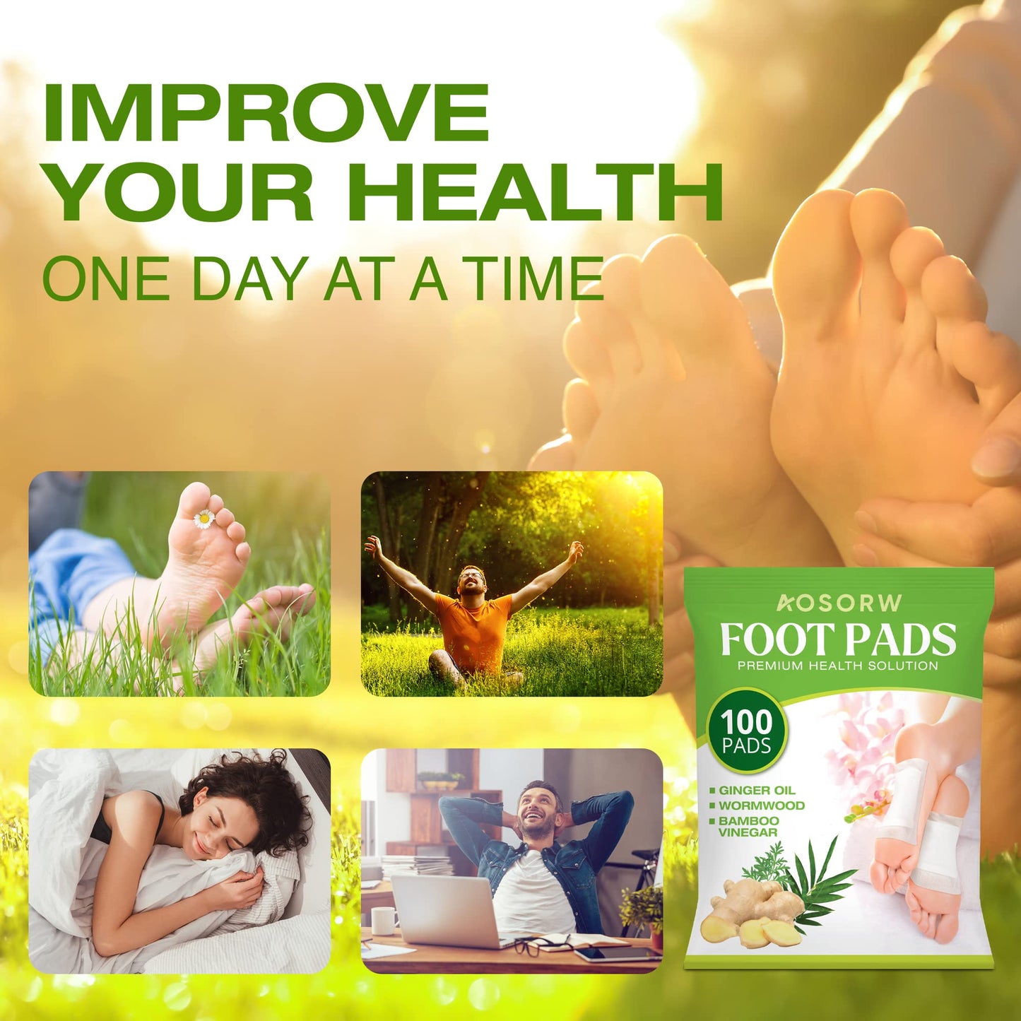 AOSORW Natural Herbal Foot Pads - 100 Pack Ginger Oil & Bamboo Charcoal Premium Foot Care Patches - Relieves Stress and Fatigue - Improves Sleep and Supports Body Cleansing