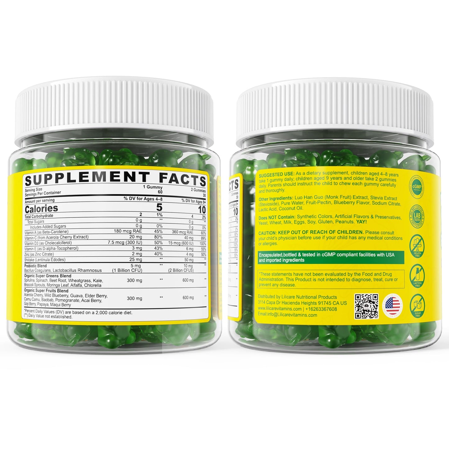 Super Greens Gummies for Kids, 20+ Fruits and Veggies Supplement w/Spirulina, Spinach, Pomegranate, Vitamins, Probiotic, Shiitake for Immunity, Gut Health, Superfood Gummies, Sugar Free, 2 Pack