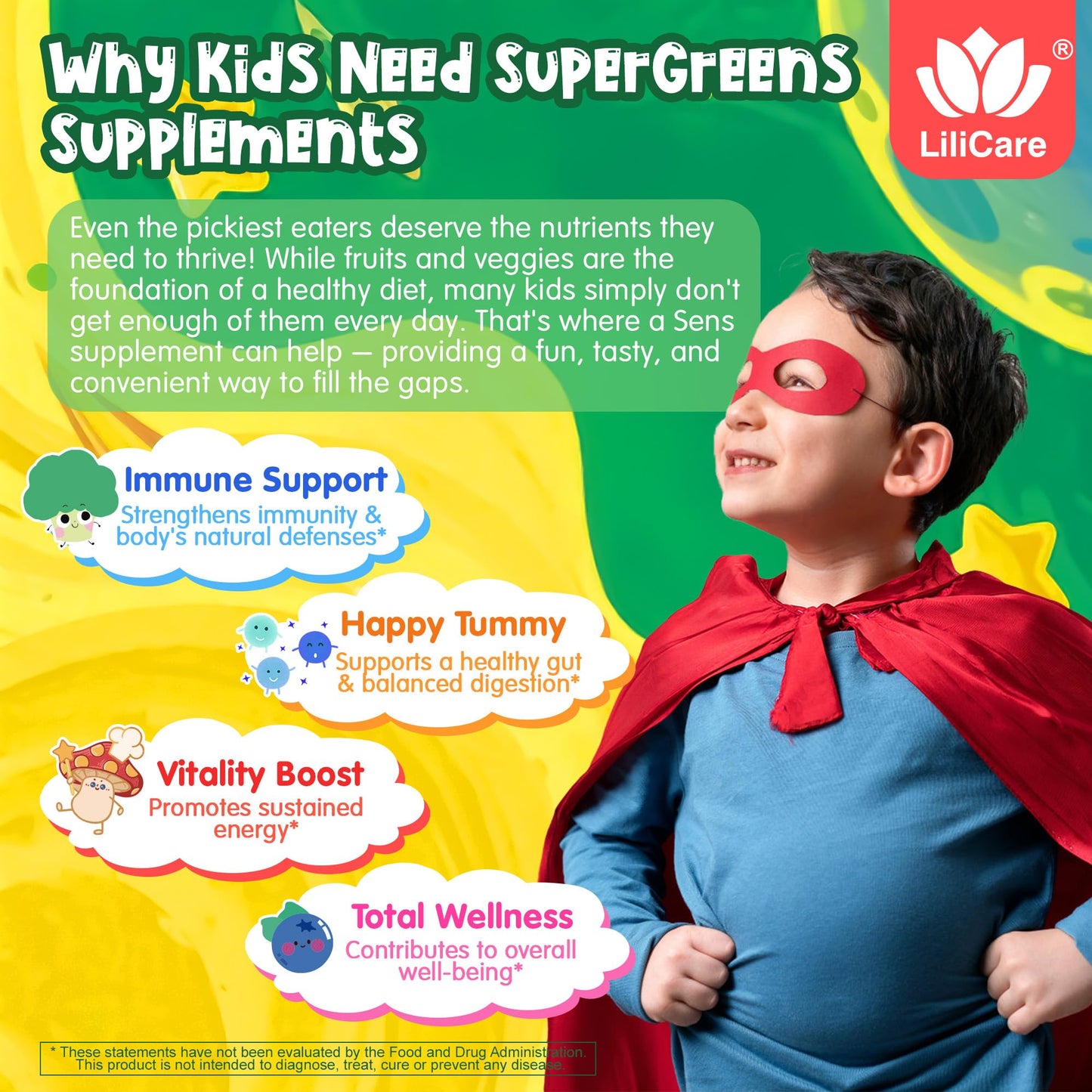 Super Greens Gummies for Kids, 20+ Fruits and Veggies Supplement w/Spirulina, Spinach, Pomegranate, Vitamins, Probiotic, Shiitake for Immunity, Gut Health, Superfood Gummies, Sugar Free, 2 Pack