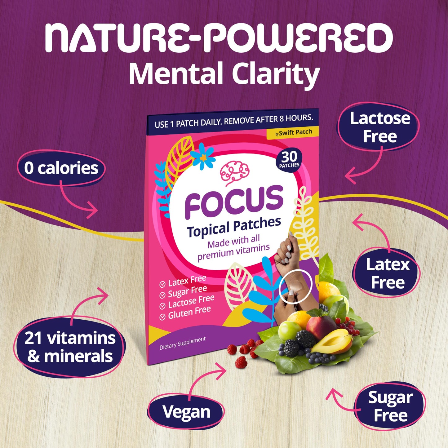 Swift Patch Focus Patch for Adults (30 Day Supply) + Proprietary Blend (Men and Women) - Help Kids and Adults Focus with Patches 22 Ingredients with Proprietary Formula