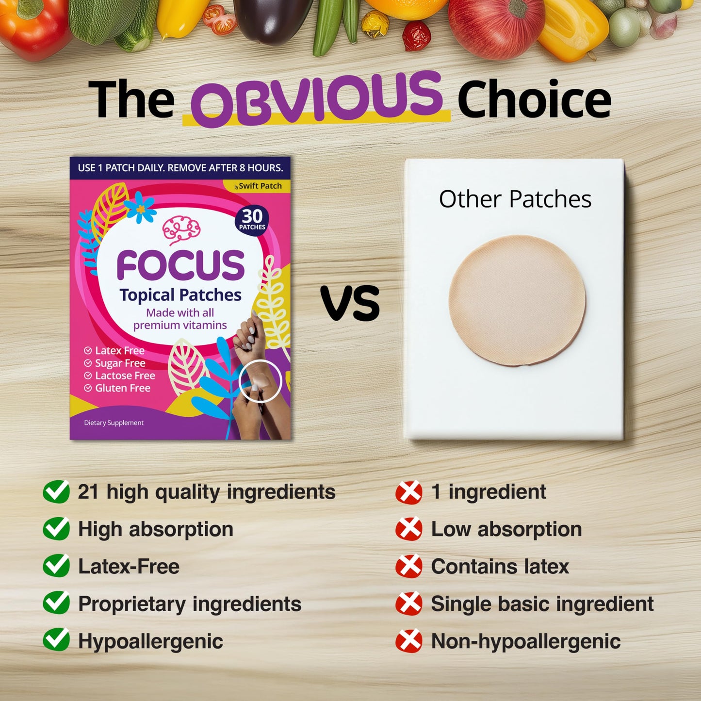 Swift Patch Focus Patch for Adults (30 Day Supply) + Proprietary Blend (Men and Women) - Help Kids and Adults Focus with Patches 22 Ingredients with Proprietary Formula